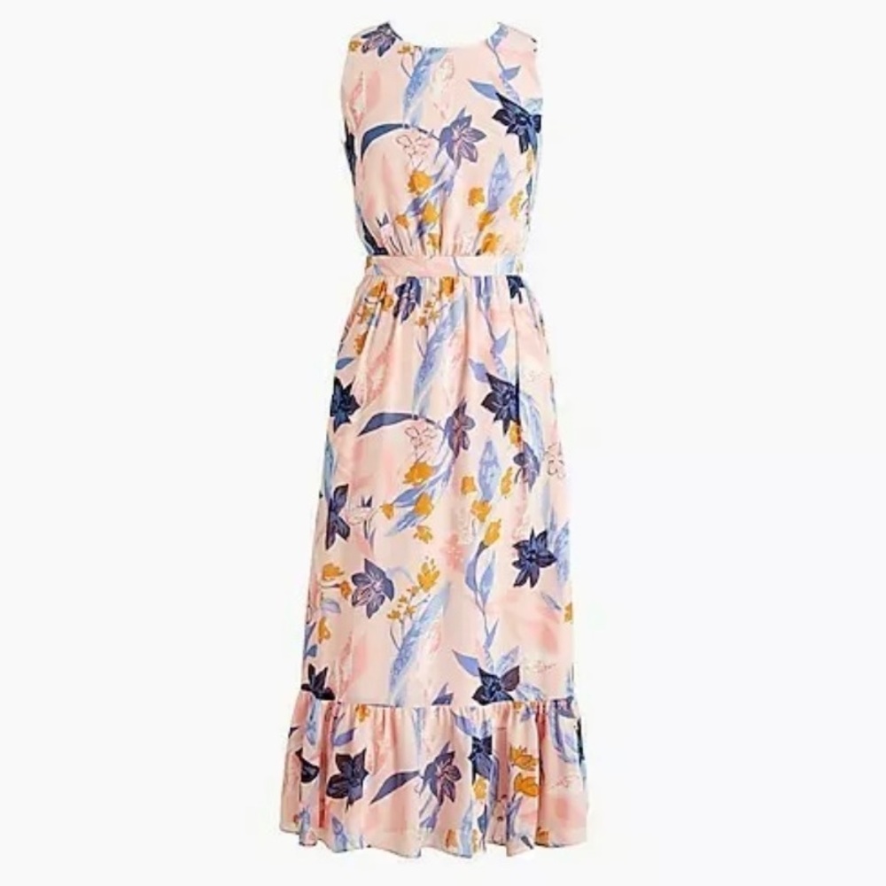 J.CREW Waist Tiered Midi Ruffle Floral Pink Dress